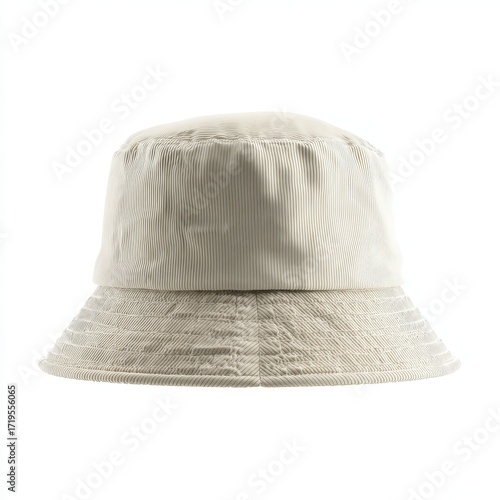 Beige Striped Bucket Hat Isolated on White