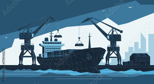Cargo vessel docked at the port with cranes loading containers in geometric style
