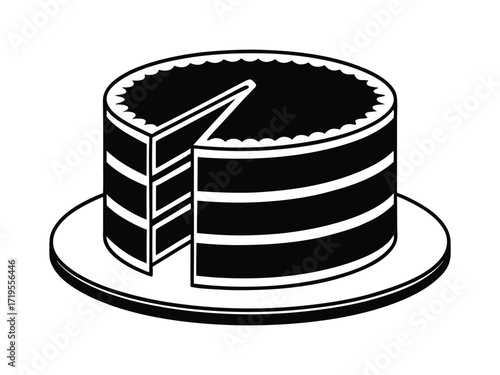 A cake with a slice missing sits on a plate with black trim and is against a white background space silhouette