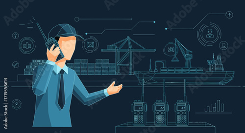 Conceptual illustration of a port worker using walkie talkie for cargo operations management