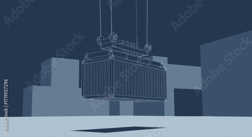 Minimalist digital rendering of a shipping container suspended in a modern industrial environment