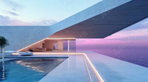 Abstract architectural concrete interior of a modern villa on the sea with swimming pool and neon lighting