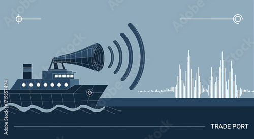 Nautical trade port communication depicted through stylized ship and sound waves illustration