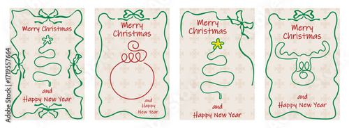 Contemporary Coquette Merry Christmas and Happy New Year greeting Posters vector Set. One line Christmas tree reindeer and XMAS ball in trendy Coquette frame. XMAS art with Bows and Ribbons EPS 10