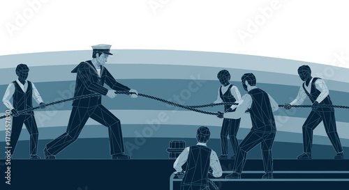 Sailors pull rope in monochrome illustration depicting teamwork and maritime heritage