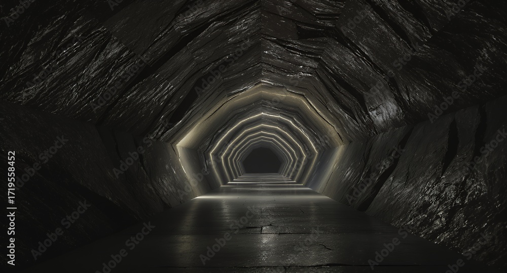 Naklejka premium Abstract Dark Stone Tunnel with Light at the End, Futuristic Sci-Fi Corridor, Hexagonal Shape, Underground passage, Dark Fantasy Background, Mysterious path, Illuminated Pathway, Digital Art, 3D