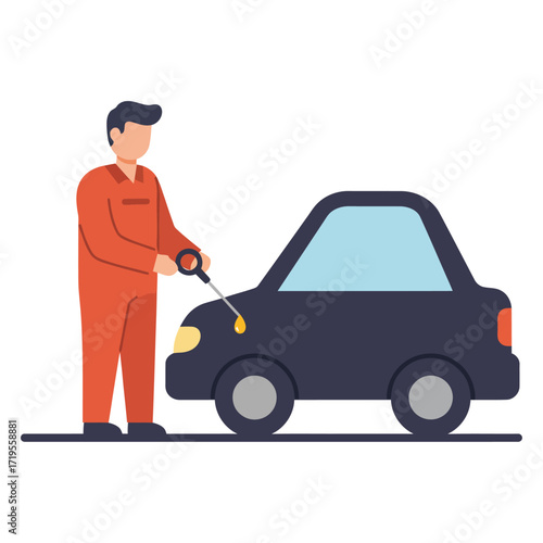 Vector art of mechanic checking car engine oil level with dipstick