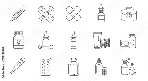 medical equipment and supplies for healthcare, featuring icons for first aid and treatment