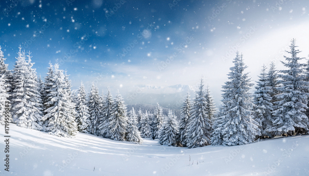 Fototapeta premium Merry Christmas And Happy New Year Greeting Background With Copy Space Beautiful Winter Landscape With Snow Covered Trees
