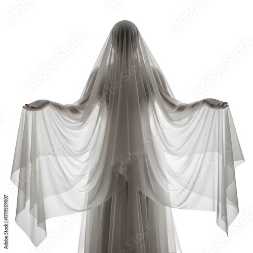Ethereal ghostly figure in flowing white veil isolated on transparent background