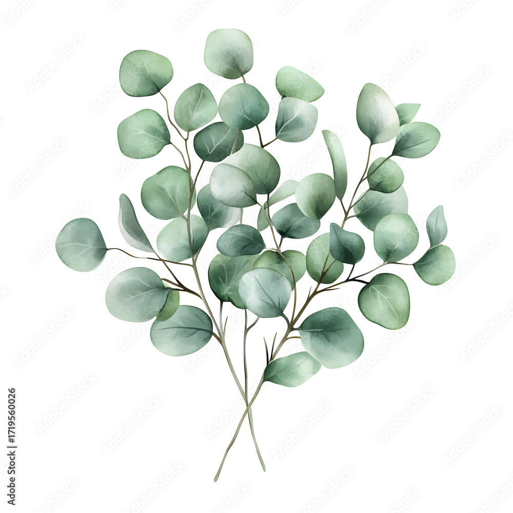 Fototapeta premium Watercolor eucalyptus branch illustration, soft green round leaves, minimal botanical art for wedding, invitation, card, modern nature-inspired decor, spring and summer background