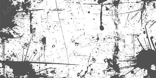 Abstract vintage black ink paint splatter texture with a dirty grunge border frame