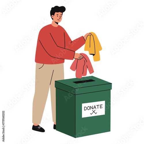 Vector art of man donating clothes into a green donation box