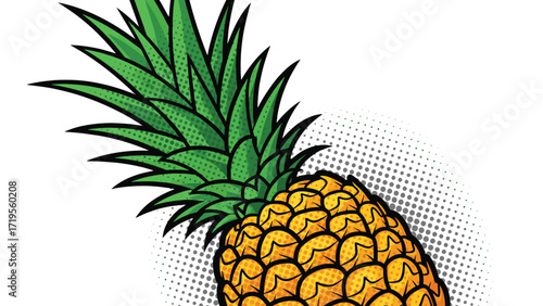 A vibrant, stylized illustration of a ripe pineapple with its characteristic green leafy crown against a white background, rendered in a pop art comic book style.