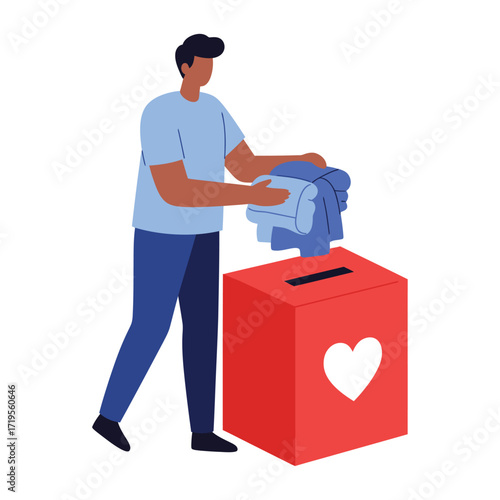 Vector art of man donating clothes into a red donation box with a heart symbol