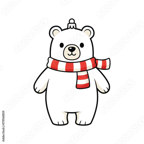 Cute polar bear wearing a festive red and white striped scarf and a Christmas ornament on its head, illustration