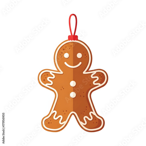 Charming illustration of a classic gingerbread man cookie, adorned with white icing and a red ribbon, ready to bring warmth and joy to your holiday celebrations