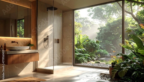 A serene bathroom scene features an open shower and large window overlooking lush greenery. Light streams in