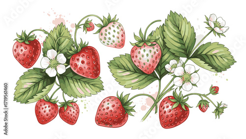 A vibrant watercolor illustration showcasing ripe red strawberries, delicate white blossoms, and lush green leaves on delicate vines, evoking a sense of fresh summer harvest.