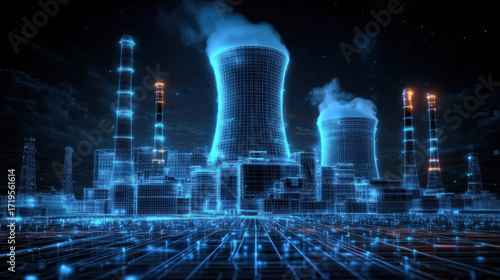 digital art rendering of the nuclear power plant with blue glowing accents