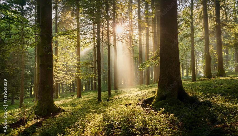 Naklejka premium Sunlight Filtering Through Trees In A Serene Forest Setting