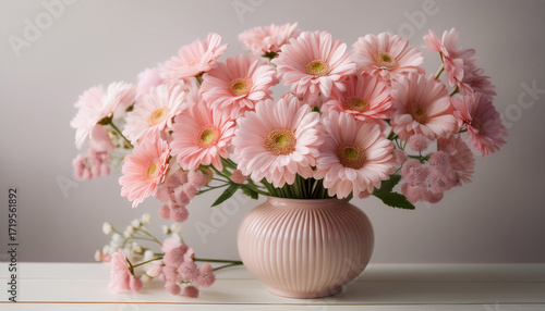 A Pastel Flower Arrangement With Pink Daisies In An Elegant Vase