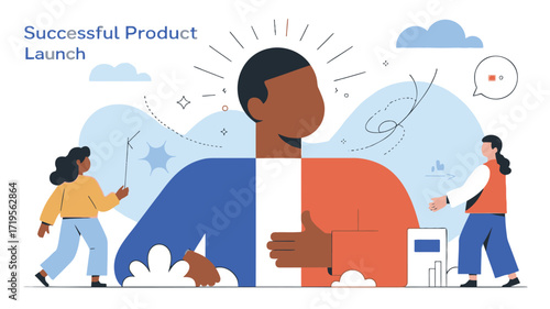 Innovative minds celebrate a successful product launch with optimistic energy in clean modern