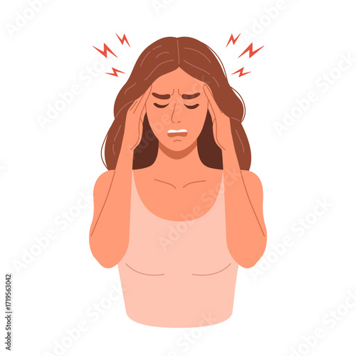 Sick woman holding her head because of problem with headache and migraine. Vector girl with pain in the head as a symptoms of viral infection or stress at work.