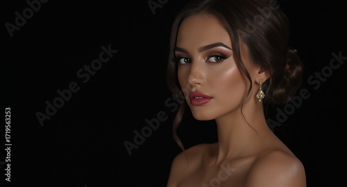 Close-up portrait of a woman with makeup and jewelry on a dark background.