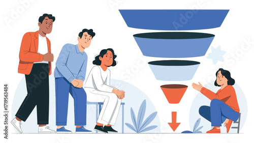 Navigating the Sales Funnel A diverse team collaboratively strategizing growth with a clean modern