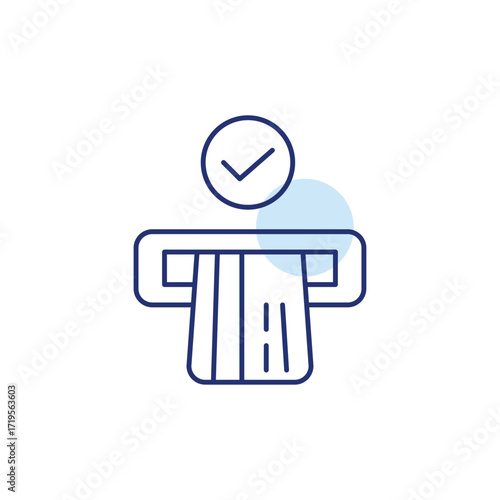 Credit card in ATM and checkmark. Approved financial transactions, cash withdrawal. Pixel perfect, editable stroke vector icon
