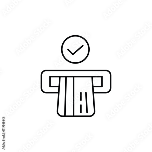 Credit card in ATM and checkmark. Approved financial transactions, cash withdrawal. Pixel perfect, editable stroke vector icon