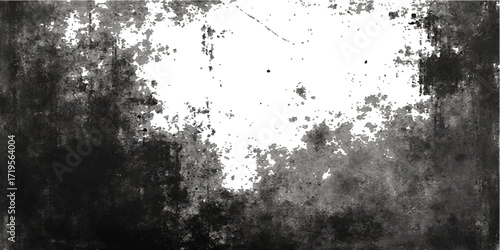 Old black ink floral illustration with rain drops on the window, a dirty vintage wallpaper frame border design with a grunge texture