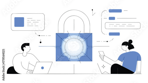 Securing digital lives a lock symbolizes shared online safety in a bright flat lay vector