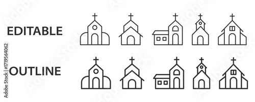 Church line icons. Editable stroke vector set for religious buildings and temples