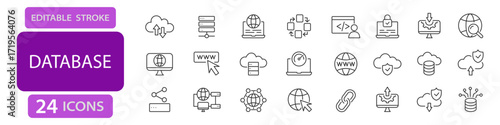 Database line icons. Editable stroke vector set with cloud, server, and network