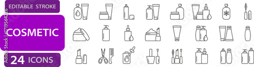Cosmetic and skincare editable stroke icons including cream jar, lotion bottle, shampoo, dropper, tube, lipstick, nail polish, comb, scissors, and mascara. Outline vector