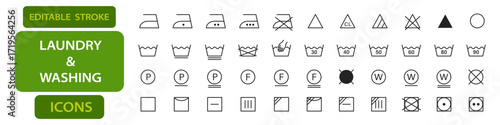 Laundry and washing editable stroke icons including ironing, hand wash, water temperature, bleach, dry cleaning, and drying method symbols. Vector