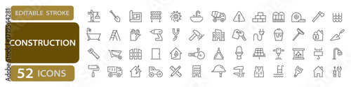 Construction equipment and building elements editable stroke icons including helmet, ladder, drill, mixer truck, blueprint, shower, pipe, fireplace, and brick wall