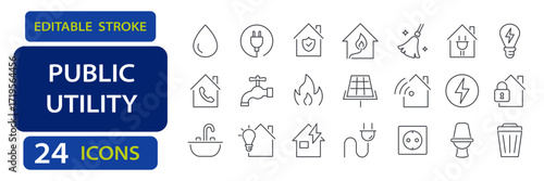 Public utility and home services editable stroke icons including water supply, electricity, plumbing, communication, heating, garbage, and cleaning