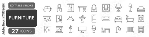 Furniture editable stroke icons including sofa, armchair, bed, wardrobe, bathtub, lamp, mirror, sink, shower, washing machine, and fireplace