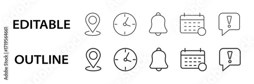 Reminder and notification editable stroke icons including location pin, bell, clock, message, calendar, and alert symbol