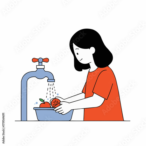 Young girl rinsing fruit in bowl under running tap water  