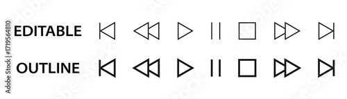Media control editable stroke icons including play, pause, stop, rewind, fast forward, next, previous, and skip. Vector