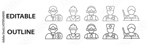 Professions editable stroke icons including businessperson, engineer, customer support, doctor, nurse, and teacher