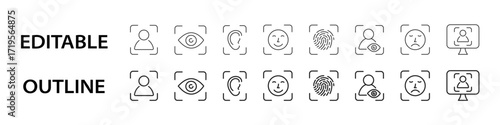Biometric identity editable stroke icons including face scan, fingerprint, ear scan, eye recognition, emotion detection, and user verification