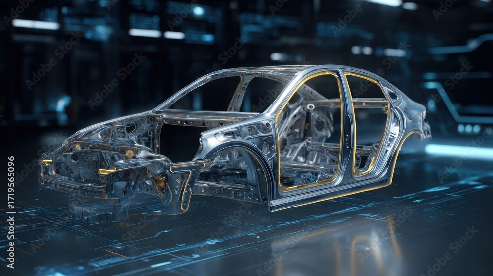 Obraz premium Transparent Car Model with Visible Internal Components in a High-Tech Environment