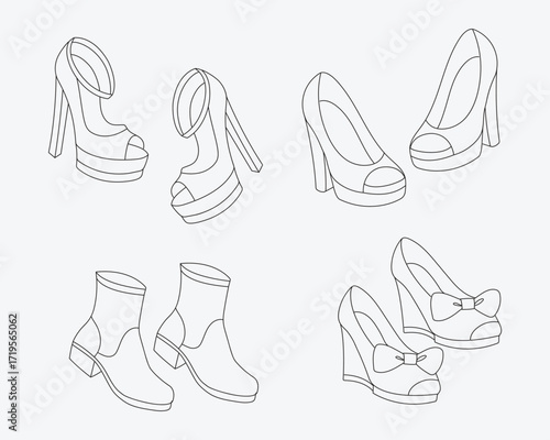 Hand drawn woman shoes doodle collection set. Vector isolated of high heels, wedges, boots line art outline style for asset, fashion, design, decoration, coloring page