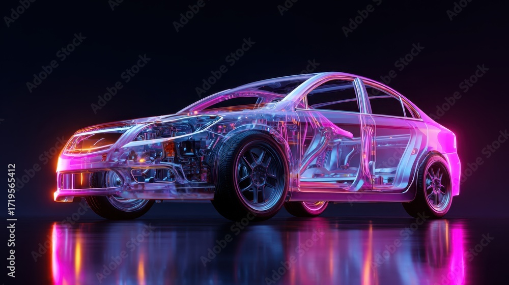 Naklejka premium Transparent Electric Car Model with Neon Glow and Sleek Design for Futuristic Concept Art