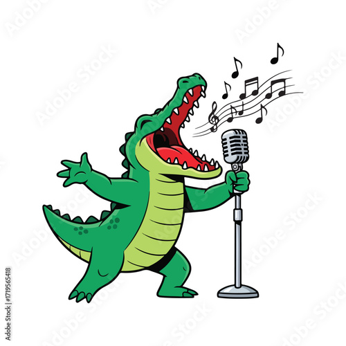 A cartoon crocodile, mouth wide open, sings into a vintage microphone.